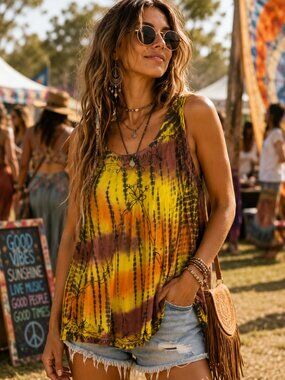 The Collection Royal Tie Dye Embroidered Tunic Tank Top Orange Zebra Print OS